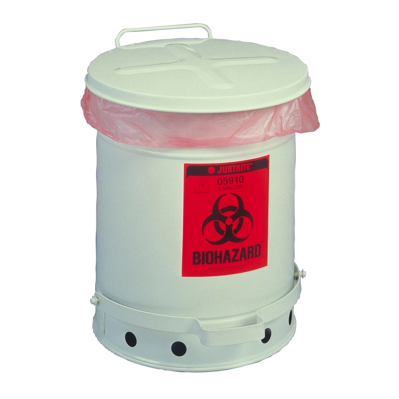 Justrite 05910 Foot-operated 6 Gallon Biohazard Waste Safety Can White