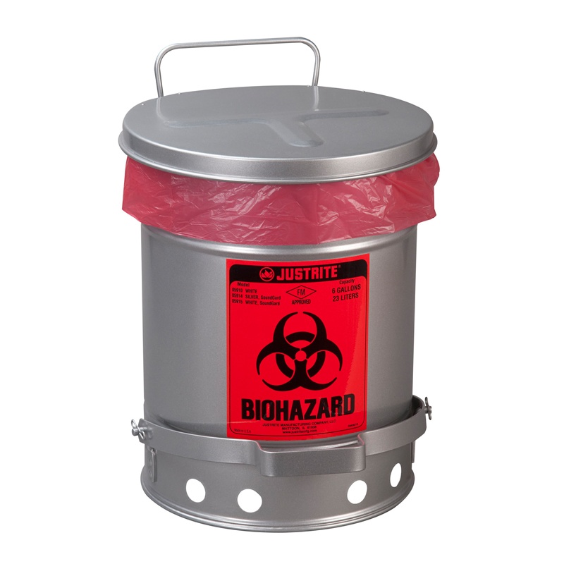 Justrite 05914 Foot-operated Soundgard 6 Gallon Biohazard Waste Safety Can Silver