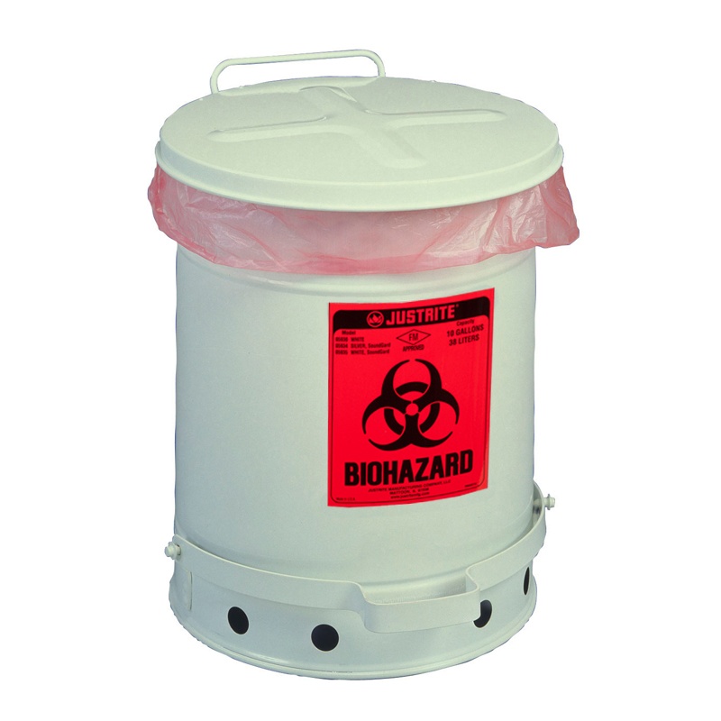 Justrite 05930 Foot-operated 10 Gallon Biohazard Waste Safety Can White