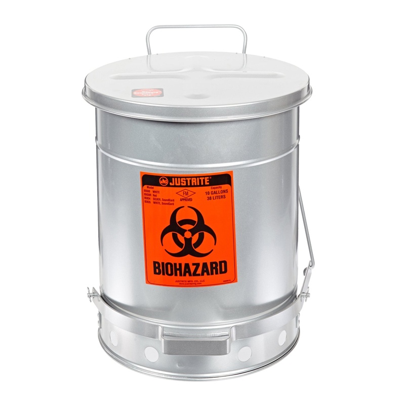 Justrite 05934 Foot-operated Soundgard 10 Gallon Biohazard Waste Safety Can Silver