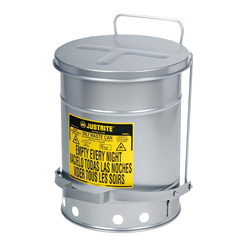 Justrite 09504 Foot-operated Soundgard 14 Gallon Oily Waste Safety Can Silver
