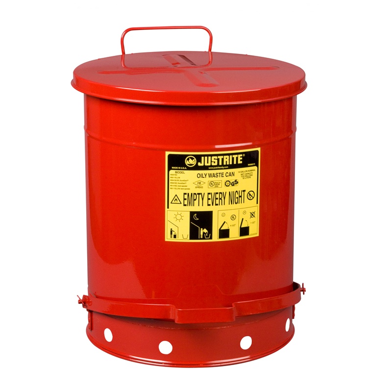 Justrite 09508 Foot-operated Soundgard 14 Gallon Oily Waste Safety Can Red