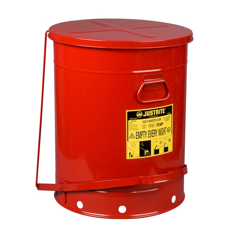 Justrite 09708 Foot-operated Soundgard 21 Gallon Oily Waste Safety Can Red