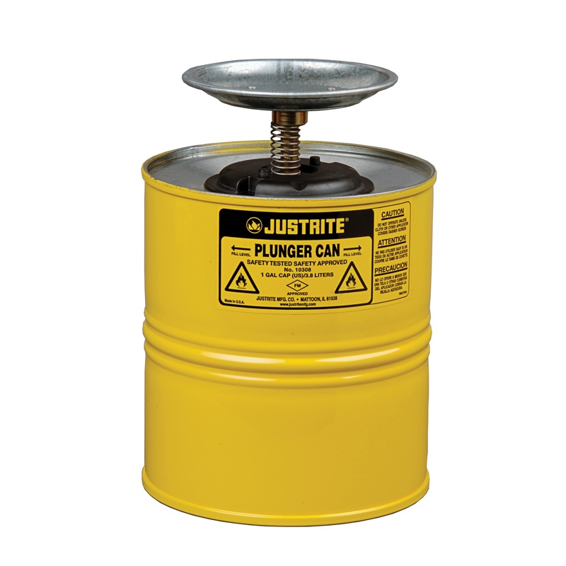 Justrite 10318 Steel 1 Gallon Plunger Dispensing Safety Can Yellow