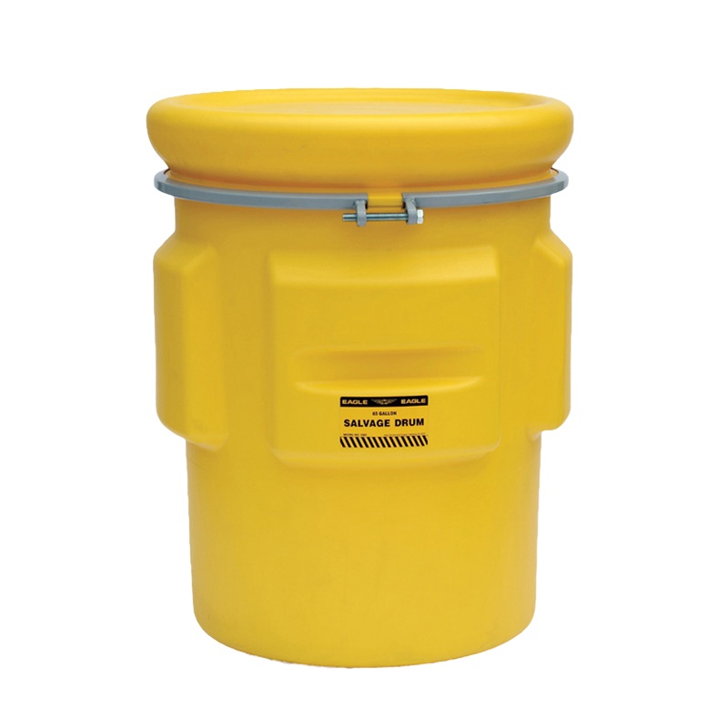 Eagle 1665 Metal Band Polyethylene Overpack Salvage Spill Containment Drum With Bolt 65 Gal Yellow