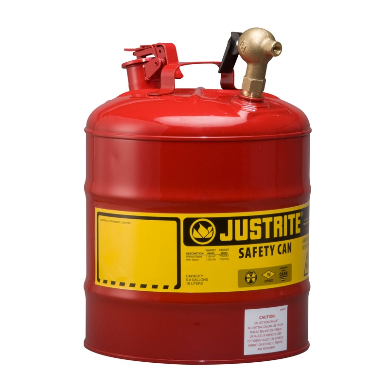 Justrite 7150147 Type I Brass Faucet 5 Gallon Dispensing Safety Can Red