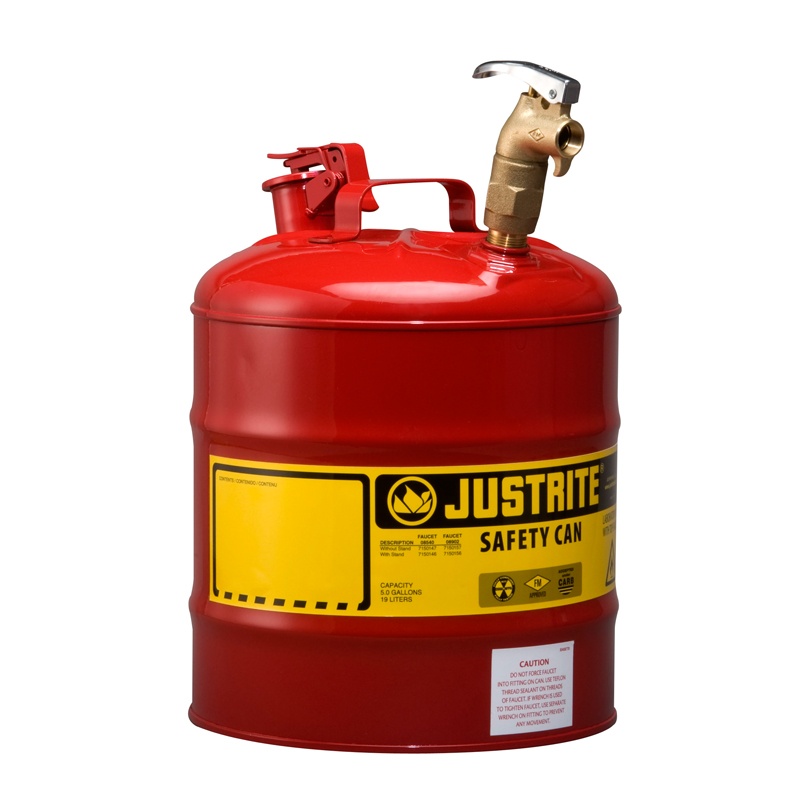 Justrite 7150157 Type I Brass Faucet 5 Gallon Dispensing Safety Can Red