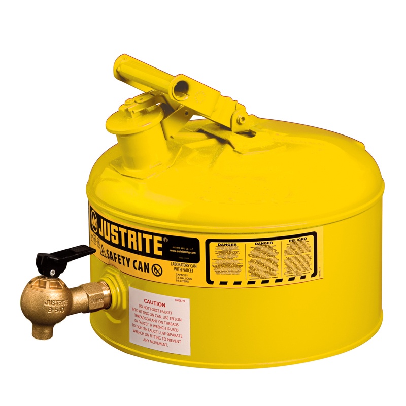 Justrite 7225240 Type I 2.5 Gallon Shelf Dispensing Safety Can Yellow