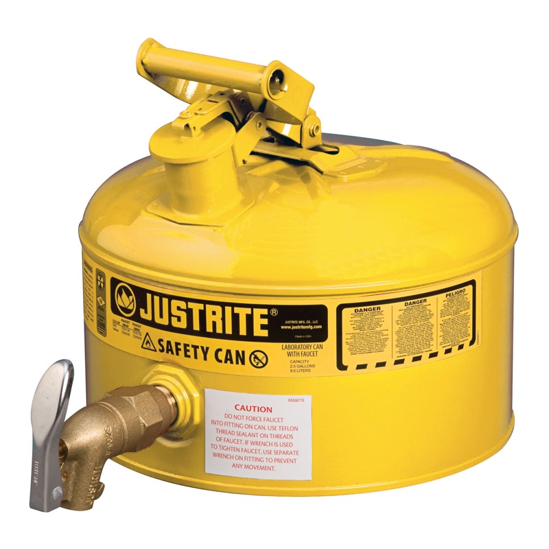 Justrite 7225250 Type I 2.5 Gallon Shelf Dispensing Safety Can Yellow