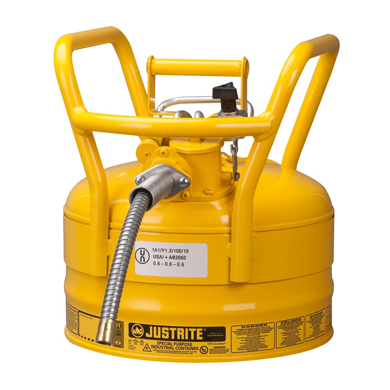 Justrite 7325220 Type Ii Accuflow Dot 2.5 Gallon Steel Safety Can 5/8" Hose Yellow