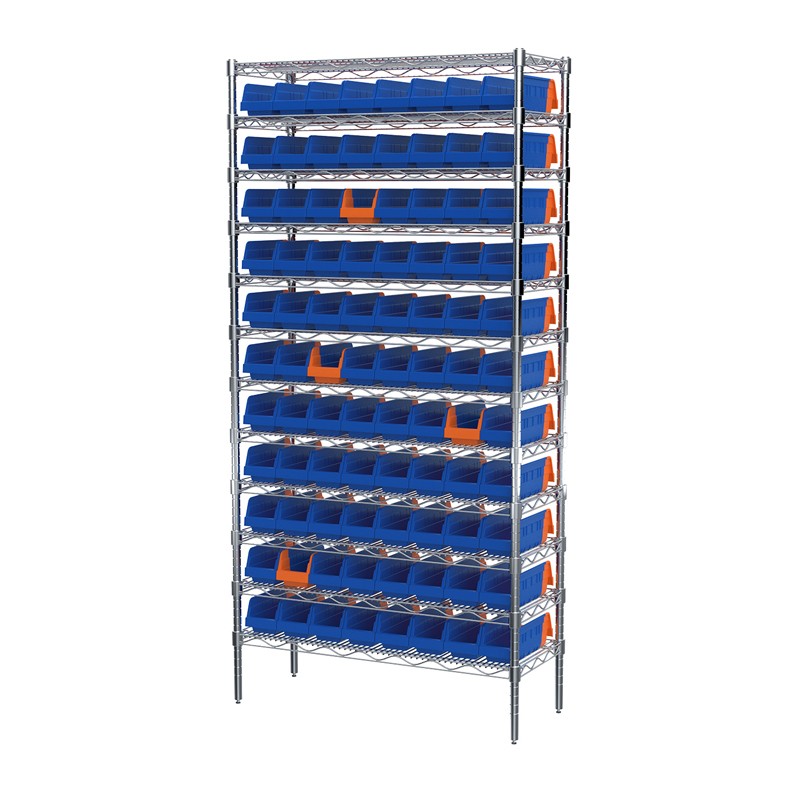 Akro-mils 12-shelf 14" D Wire Shelving Unit With 96 Blue/orange Indicator Bins