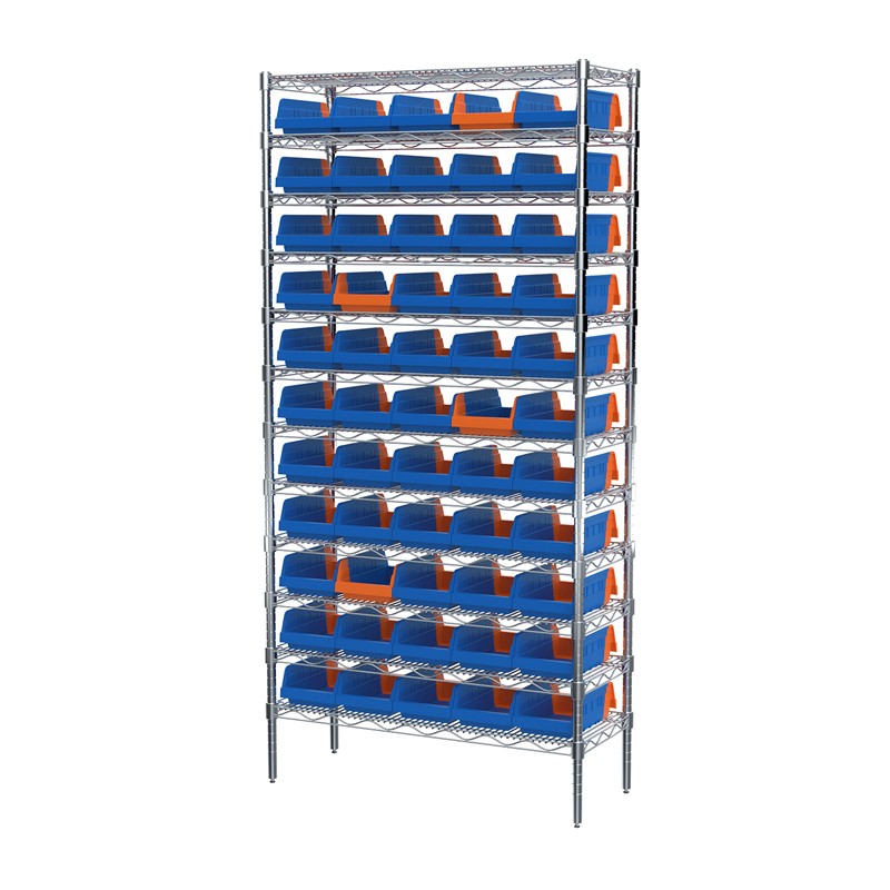 Akro-mils 12-shelf 14" D Wire Shelving Unit With 60 Blue/orange Indicator Bins