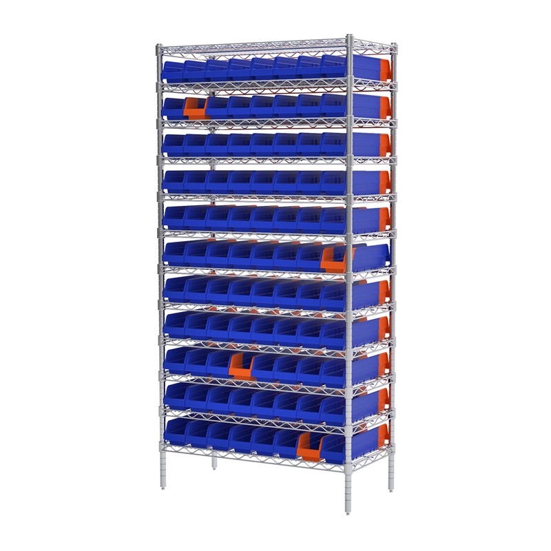 Akro-mils 12-shelf 18" D Wire Shelving Unit With 96 Blue/orange Indicator Bins