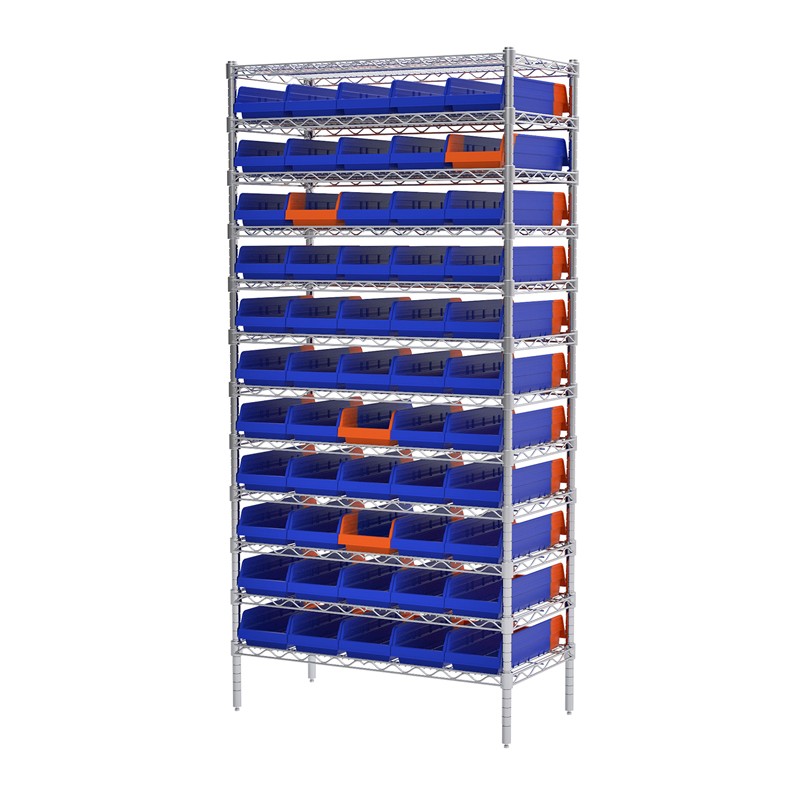 Akro-mils 12-shelf 18" D Wire Shelving Unit With 60 Blue/orange Indicator Bins