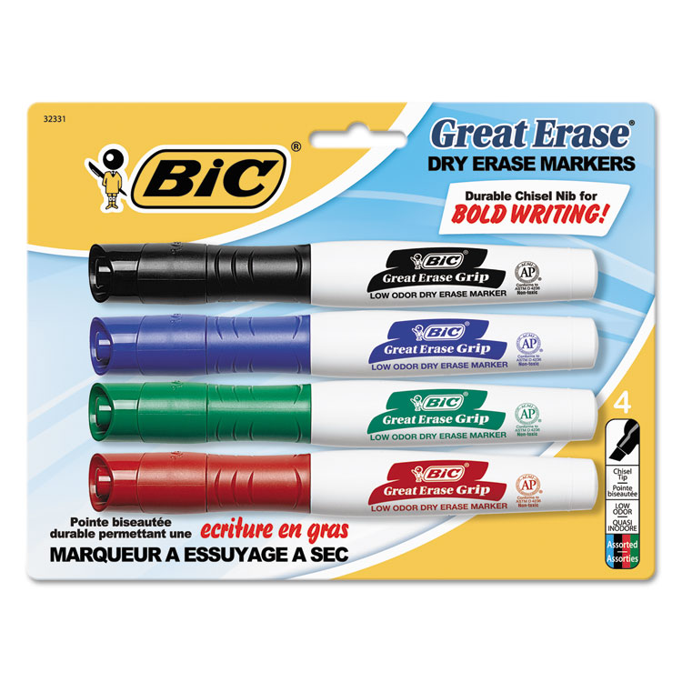 Bic Great Erase Grip Dry Erase Marker Chisel Tip Assorted 4-pack