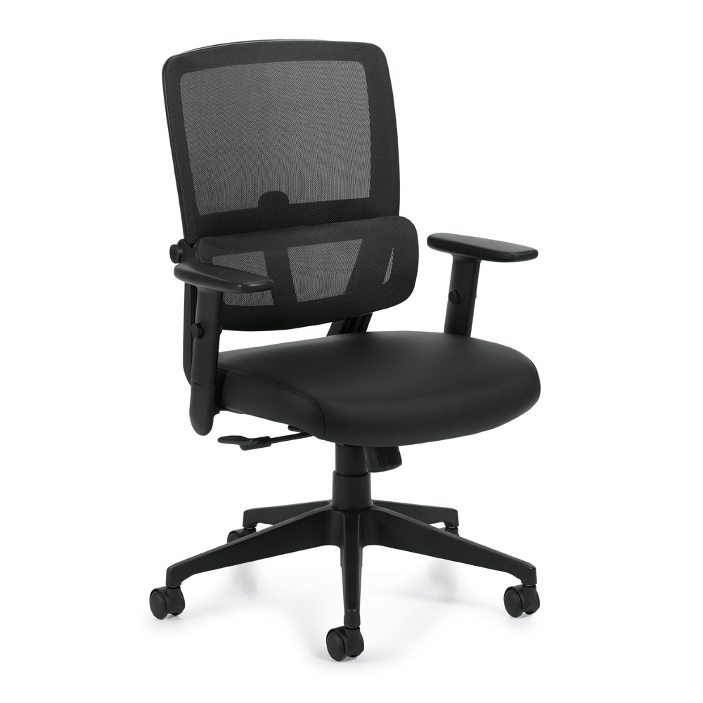 Offices To Go Adjustable Arm Mesh-back Luxhide Leather Mid-back Managers Chair